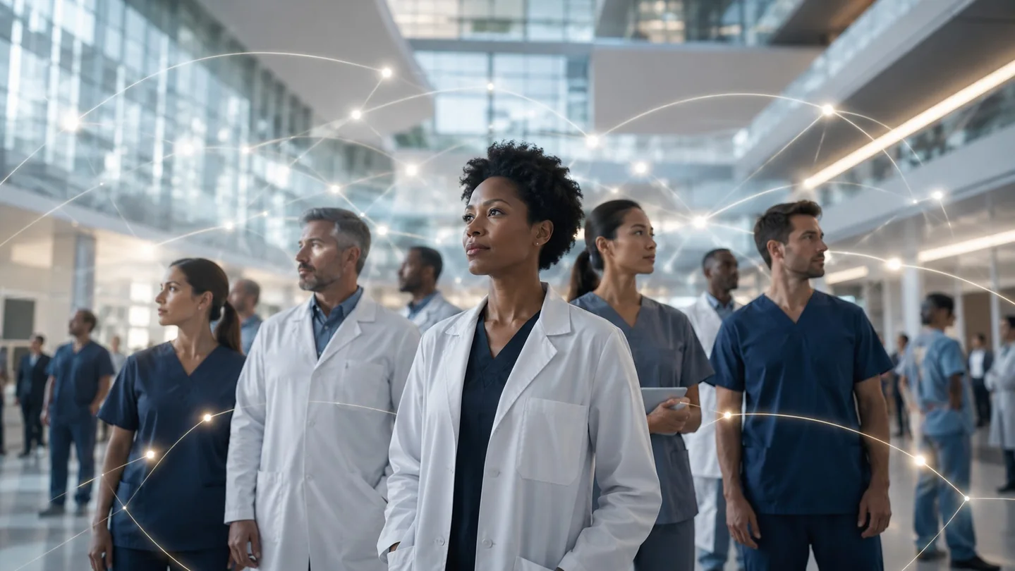A multidisciplinary healthcare team walking through a modern hospital